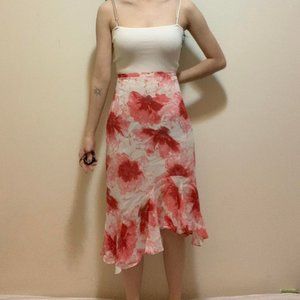Vintage Un Deux Trois Red White Floral Midi Skirt Asymmetrical Flowy Watercolor